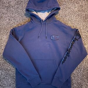 Champion Blue Pullover Hoodie with Tonal Sleeve Text